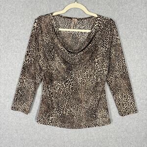 Susan Lawrence Blouse Womens Large Drape Cowl Leopard Animal Knit Career Office
